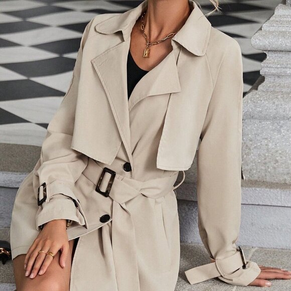 Khaki Casual Women's Raglan Sleeve Double Breasted Belted Trench Coat - Picture 1 of 6